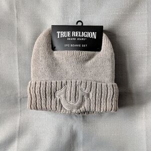 True Religion Two Piece Cream and Brown Knit Beanie Hats NEW!